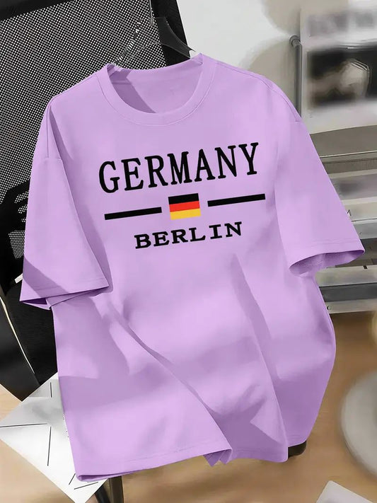 Drop Shoulder Print T-Shirt - Germany Stripe Lavender