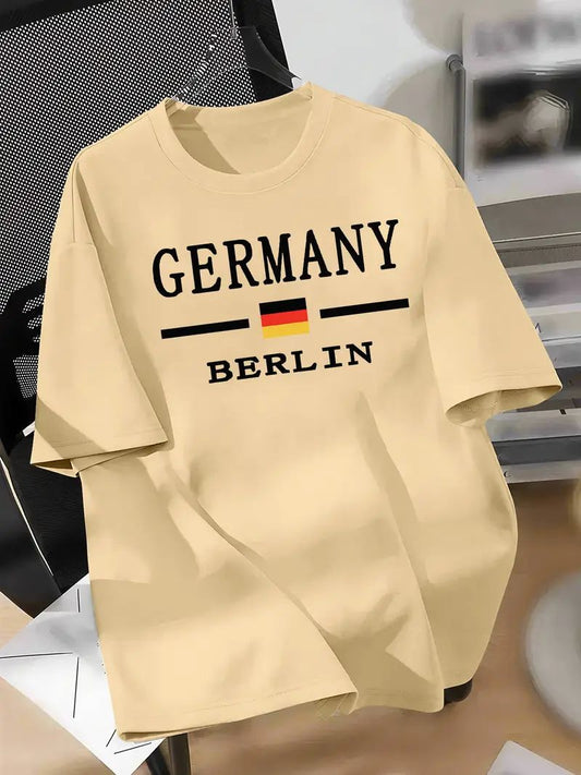 Drop Shoulder Print T-Shirt - Germany Stripe Beige