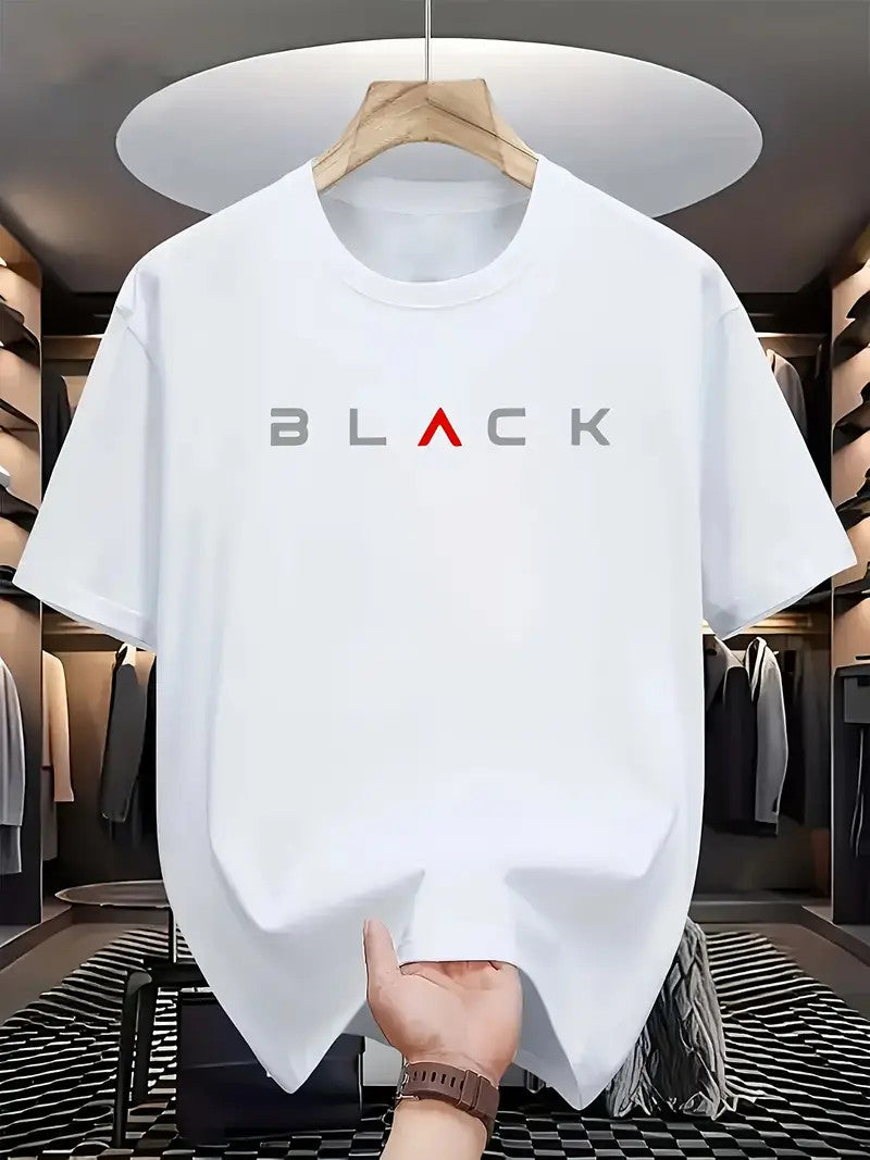 Drop Shoulder Print T-Shirt - Black Design white